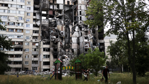 A building destroyed by Russian military in Kharkiv, Ukraine. 