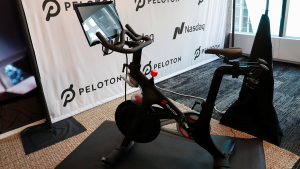 A Peloton stationary bike sits on display.