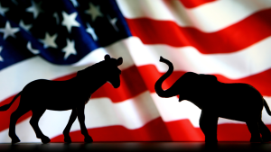 silhouette of a donkey and an elephant in front of an American flag