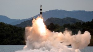 A missile launch is seen at an undisclosed location in North Korea