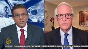 Screenshot of Ivo Daalder at right on Al Jazeera English, anchor at left. 