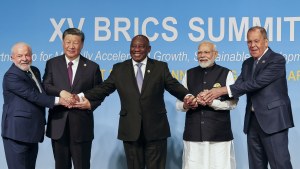 Brazil's President Luiz Inacio Lula da Silva, China's President Xi Jinping, South Africa's President Cyril Ramaphosa, India's Prime Minister Narendra Modi and Russia's Foreign Minister Sergei Lavrov pose for a BRICS group photo