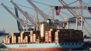 A ship is docked at the Port of Baltimore