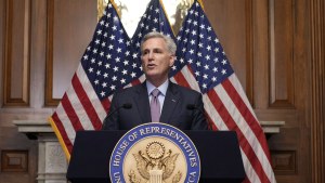 Rep. Kevin McCarthy speaks to reporters after he was voted out of the job of Speaker of the House