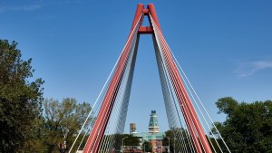 Driving into the center of Columbus, Ind., over the the Robert N. Stewart Bridge reveals a view of the Bartholomew County Courthouse and First Christian Church.