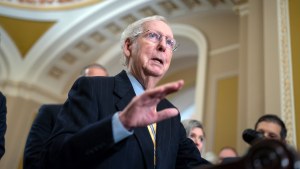 Senate Minority Leader Mitch McConnell speaks to reporters at the Capitol in Washington