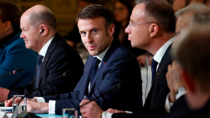 French President Emmanuel Macron delivers a speech at the Elysee Palace in Paris on February 26, 2024.