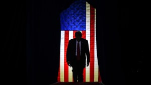 Republican presidential candidate former President Donald Trump arrives for a campaign event