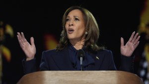 Democratic presidential nominee Vice President Kamala Harris speaks during the Democratic National Convention