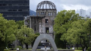 he Cenotaph for the Victims of the Atomic Bomb and the The Atomic Bomb Dome are seen at the Peace Memorial Park in Hiroshima 