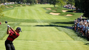 A large expanse of green fairway is seen in the distance, while in the foreground, Tiger Woods, in a red polo shirt and black hat, takes a swing.