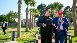 Elon Musk greets President-elect Donald Trump as he arrives at a SpaceX test flight from Starbase in Boca Chica, Texas on November 19, 2024.