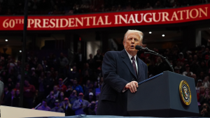 President Donald Trump speaks at an indoor Presidential Inauguration event on January 20, 2025.