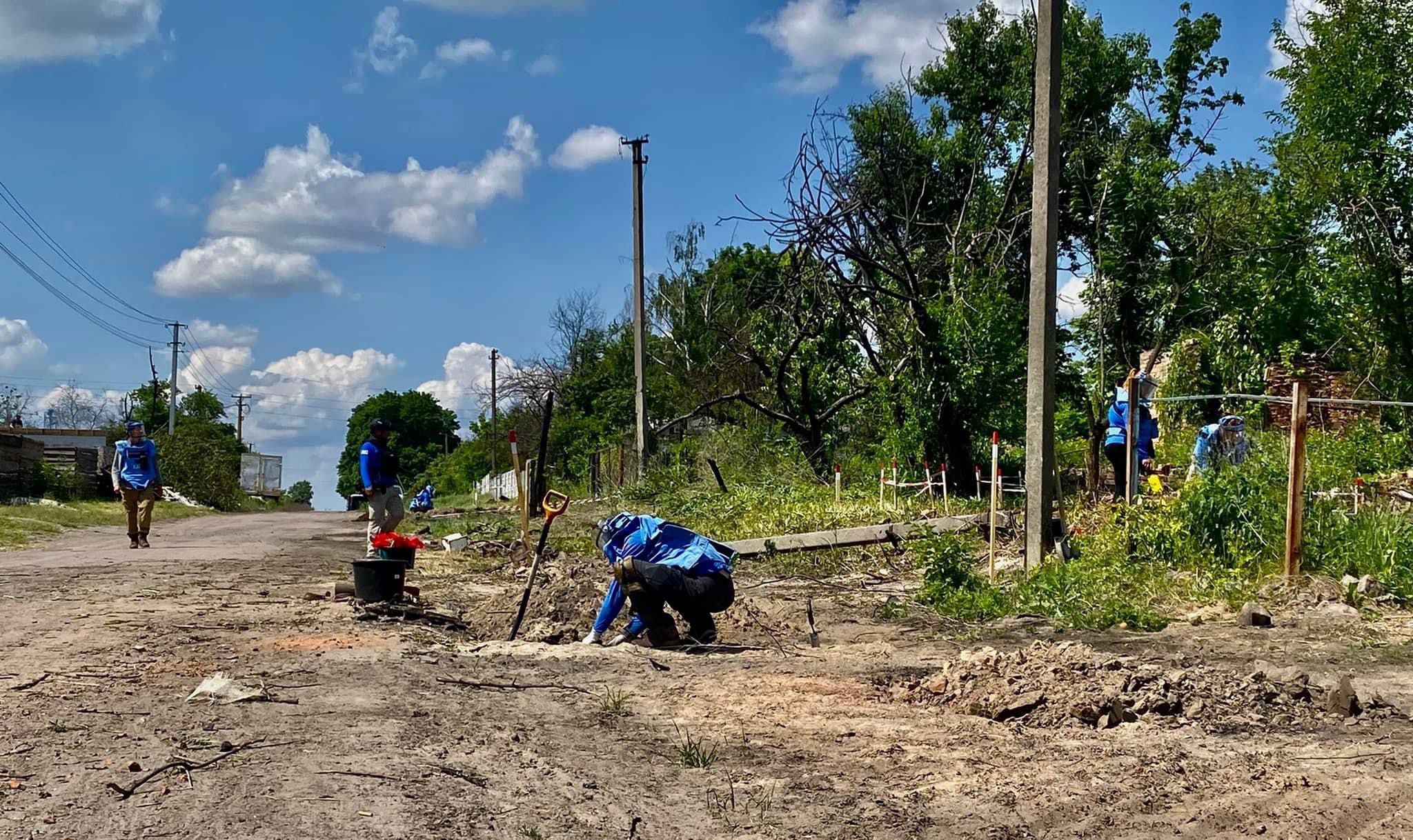 Women clear the main road of Shesovistya, a village Russians occupied for over a month. According to FSD, six ammunition trucks were destroyed on this road. The explosion threw ordnance across the town, damaging homes and contaminating fields and gardens with explosives. After clearing the sites, villagers have been able to begin reconstructing their homes before the coming winter. (credit: John Montgomery, FSD)